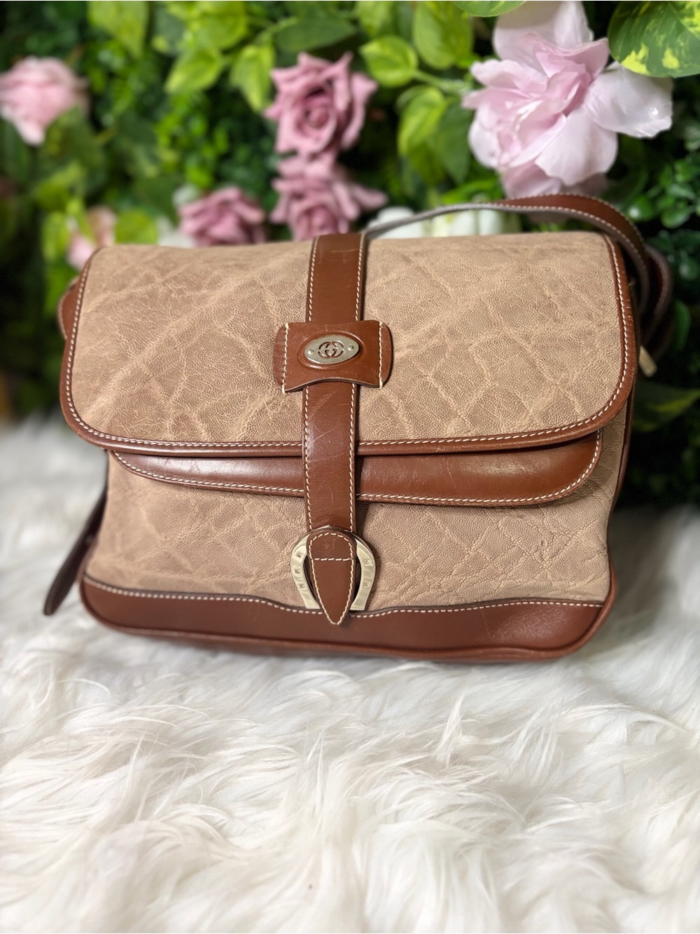 Vintage Gucci Elephant Leather Crossbody Flap Bag